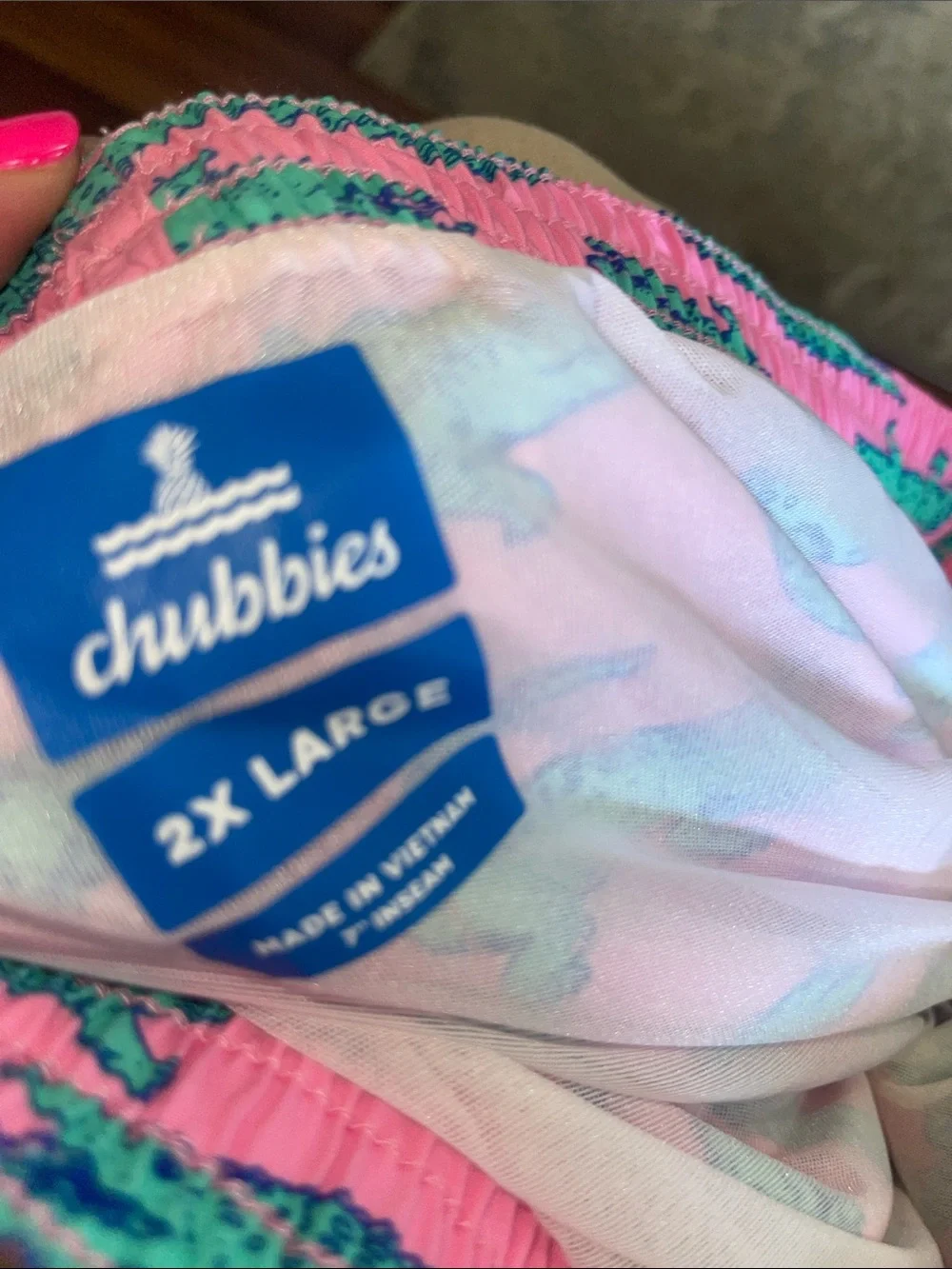 chubbies Pink Swim Board Shorts with Green Crocodile Print